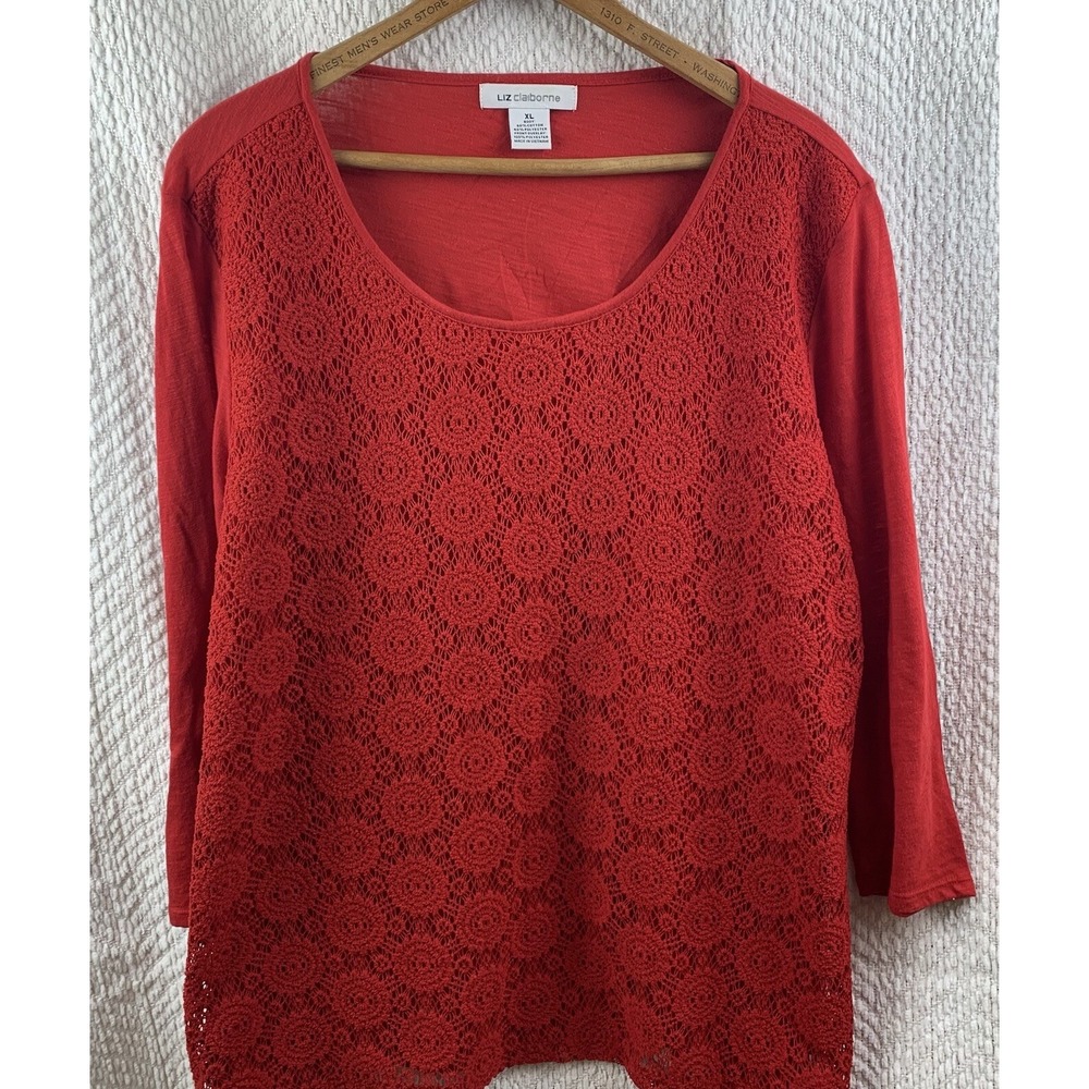 Liz Claiborne Women's Sweater Crew Neck Long Sleeve Pullover Size XL Red Crochet